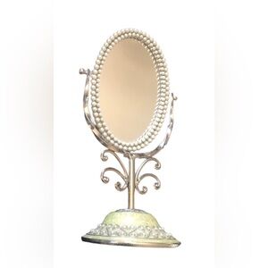 VTG Small Counter Flip Mirror Oval On Stand Pearl Embellished Green Marble Base